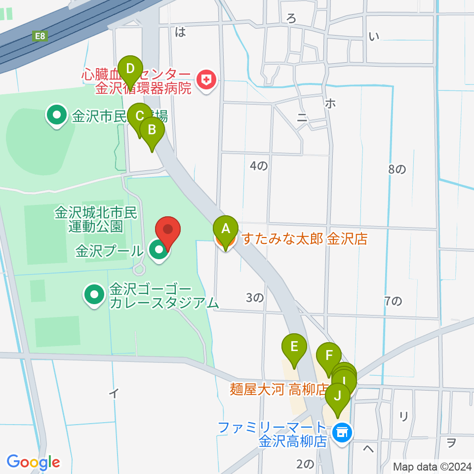 金沢プール周辺のファミレス・ファーストフード一覧地図