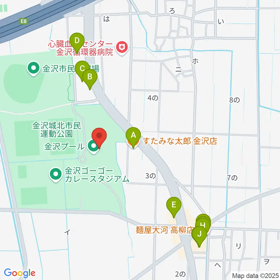 金沢プール周辺のファミレス・ファーストフード一覧地図
