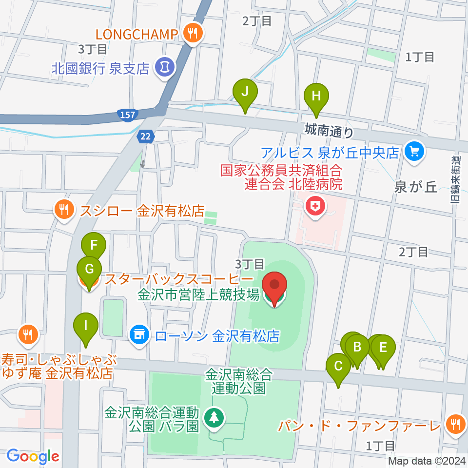 金沢市営陸上競技場周辺のファミレス・ファーストフード一覧地図