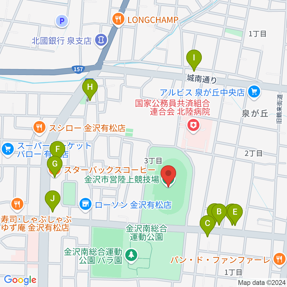 金沢市営陸上競技場周辺のファミレス・ファーストフード一覧地図