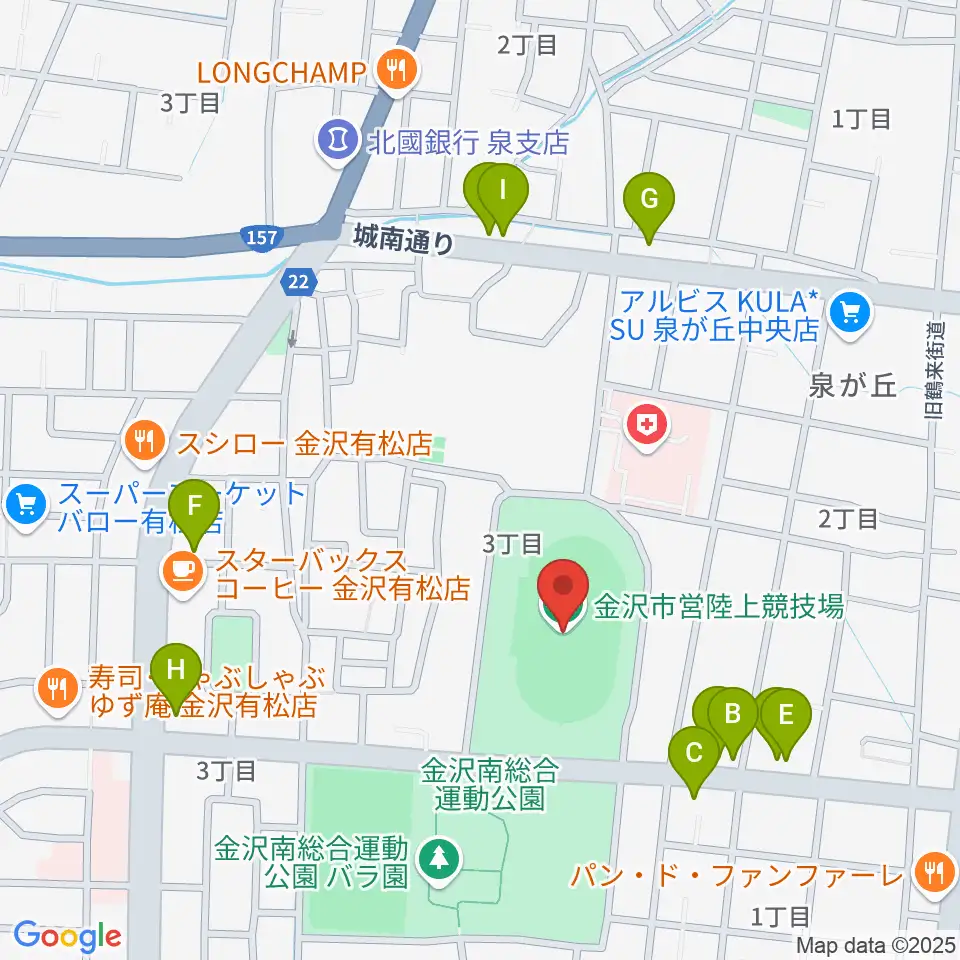 金沢市営陸上競技場周辺のファミレス・ファーストフード一覧地図