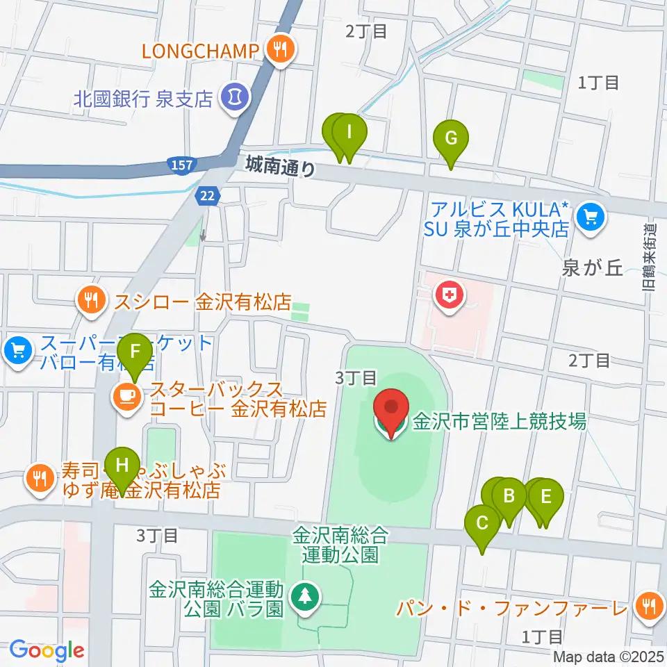 金沢市営陸上競技場周辺のファミレス・ファーストフード一覧地図