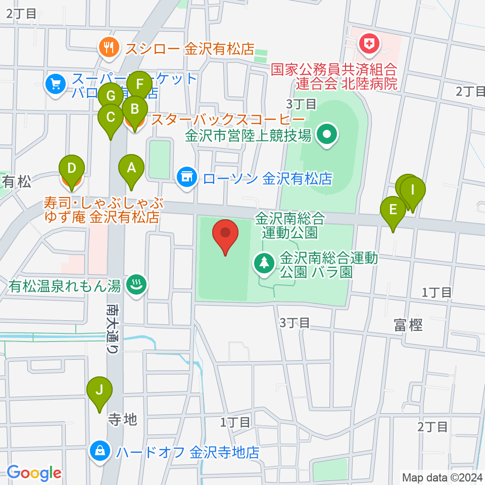 金沢市営球技場周辺のファミレス・ファーストフード一覧地図