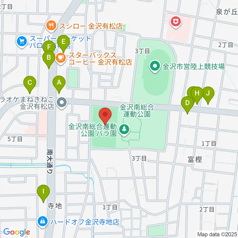 金沢市営球技場周辺のファミレス・ファーストフード一覧地図