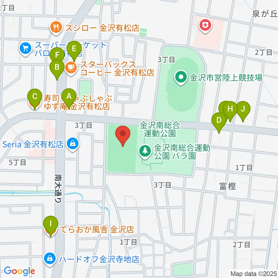 金沢市営球技場周辺のファミレス・ファーストフード一覧地図