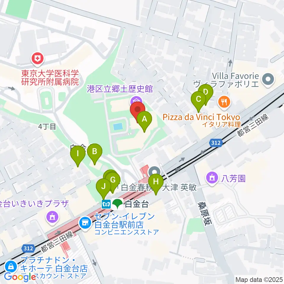 港区立郷土歴史館周辺のファミレス・ファーストフード一覧地図