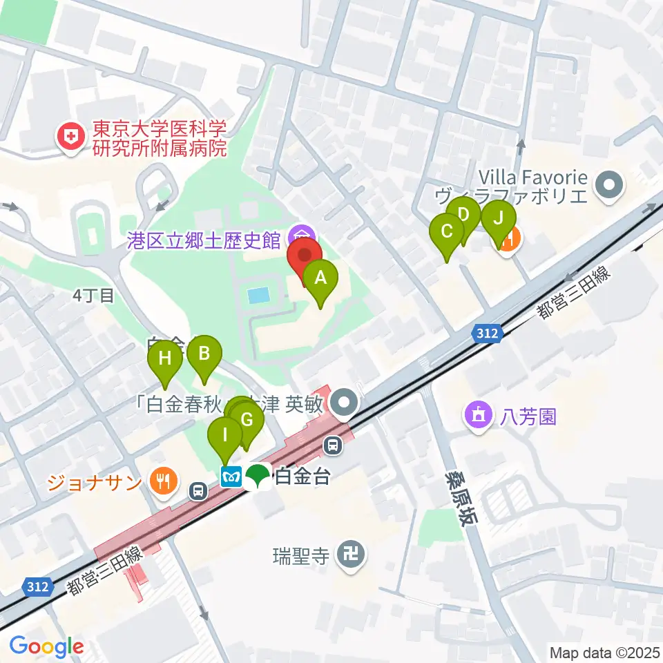 港区立郷土歴史館周辺のファミレス・ファーストフード一覧地図
