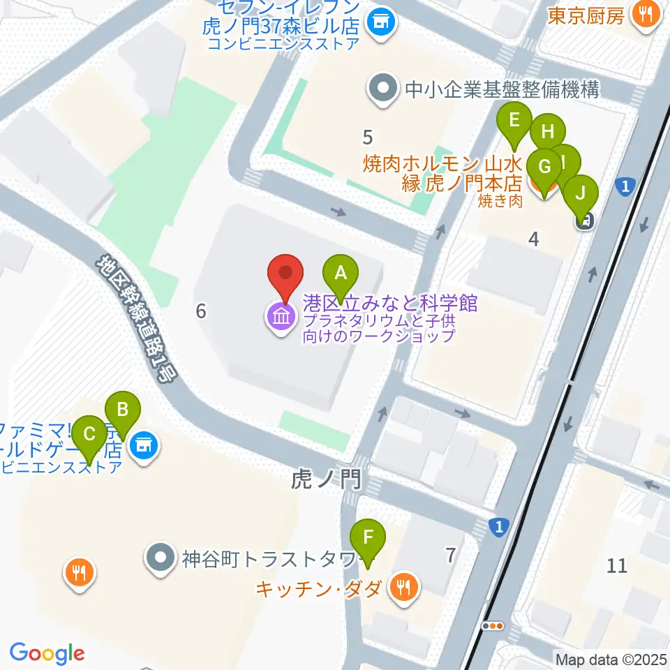 港区立みなと科学館周辺のファミレス・ファーストフード一覧地図