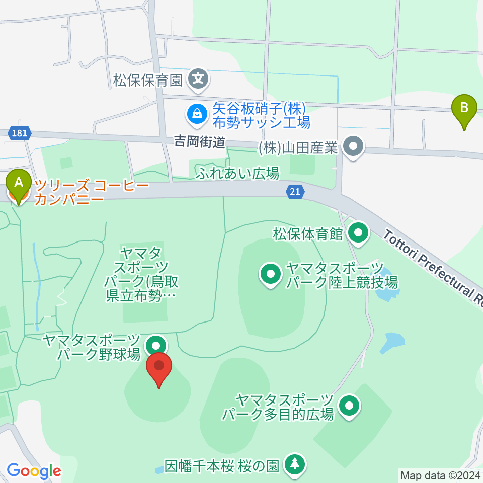 ヤマタスポーツパーク野球場周辺のファミレス・ファーストフード一覧地図