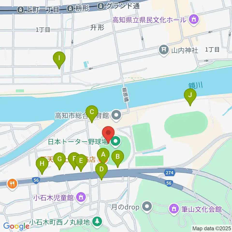 日本トーター野球場周辺のファミレス・ファーストフード一覧地図
