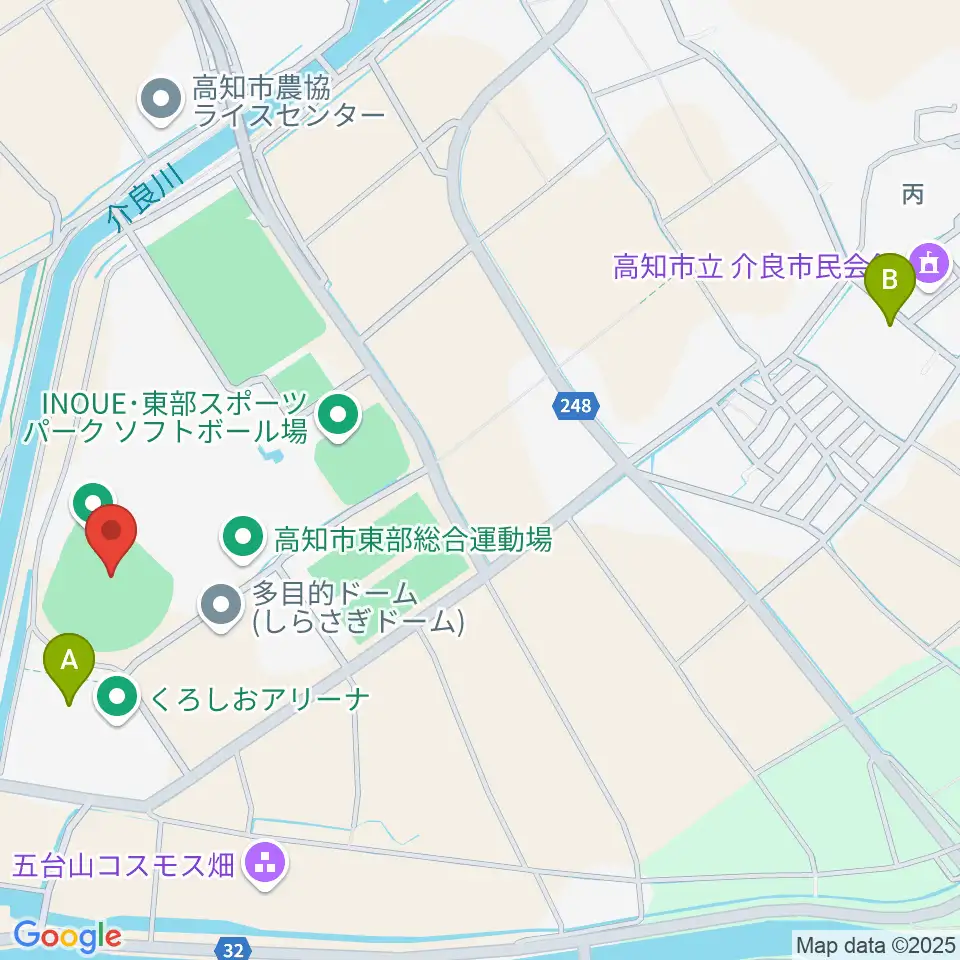 高知市東部総合運動場野球場周辺のファミレス・ファーストフード一覧地図