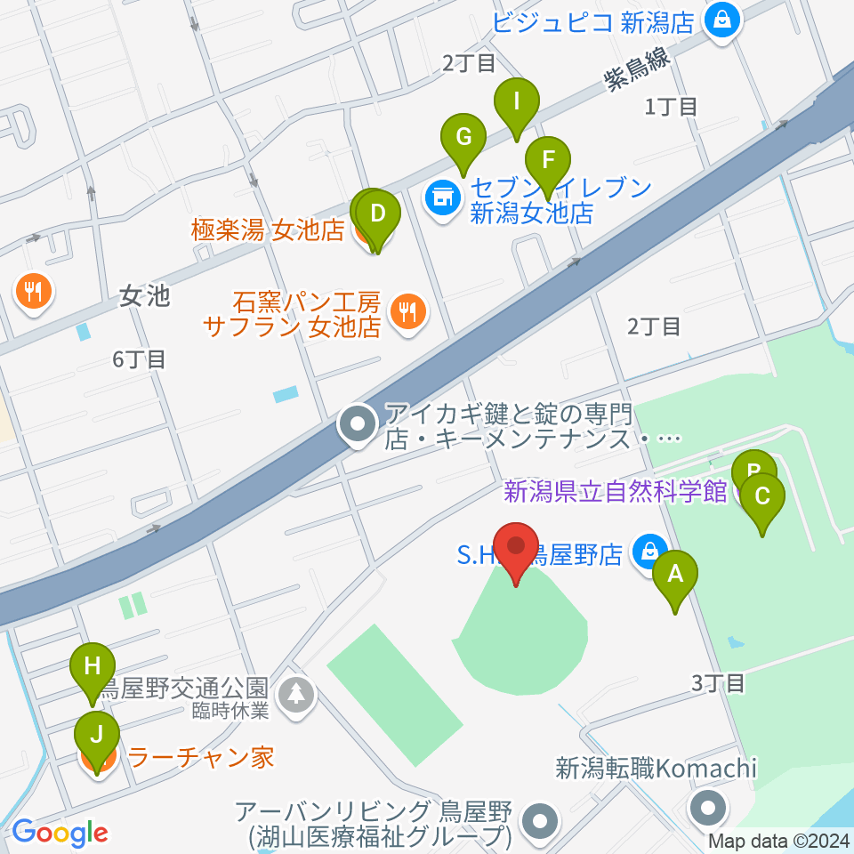 鳥屋野運動公園野球場周辺のファミレス・ファーストフード一覧地図