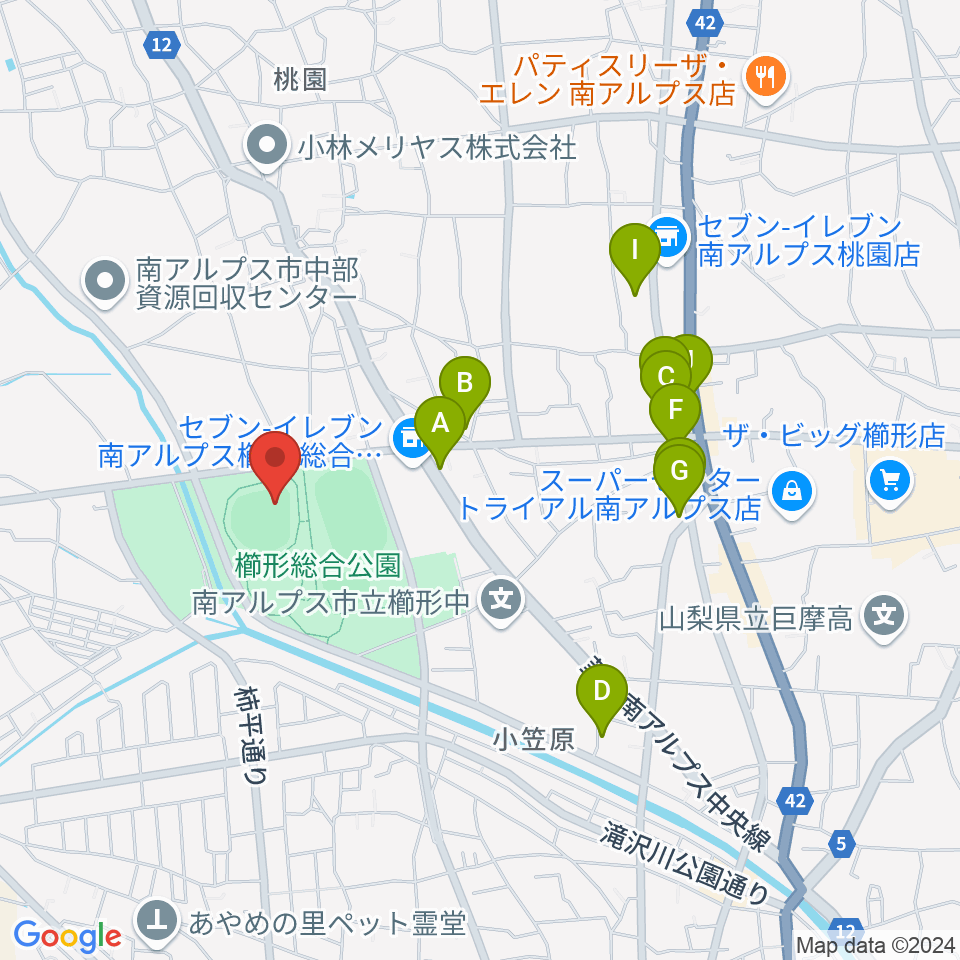 南アルプスジットスタジアム周辺のファミレス・ファーストフード一覧地図