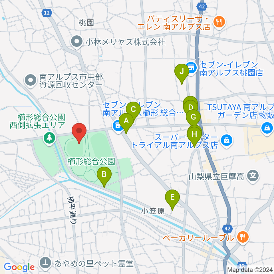 南アルプスジットスタジアム周辺のファミレス・ファーストフード一覧地図