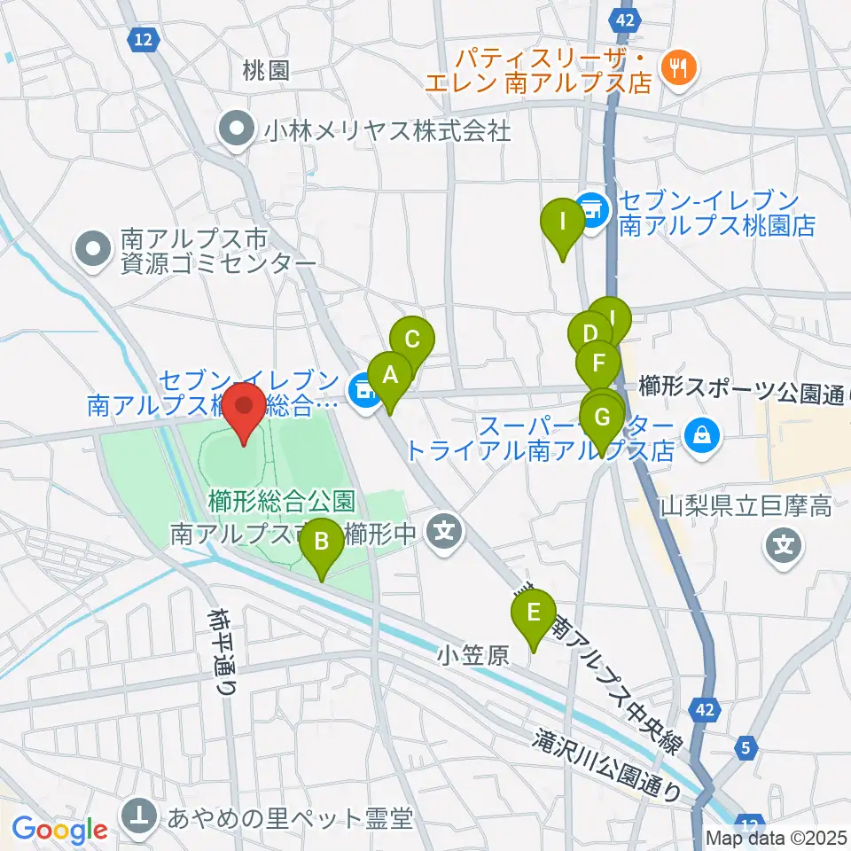 南アルプスジットスタジアム周辺のファミレス・ファーストフード一覧地図