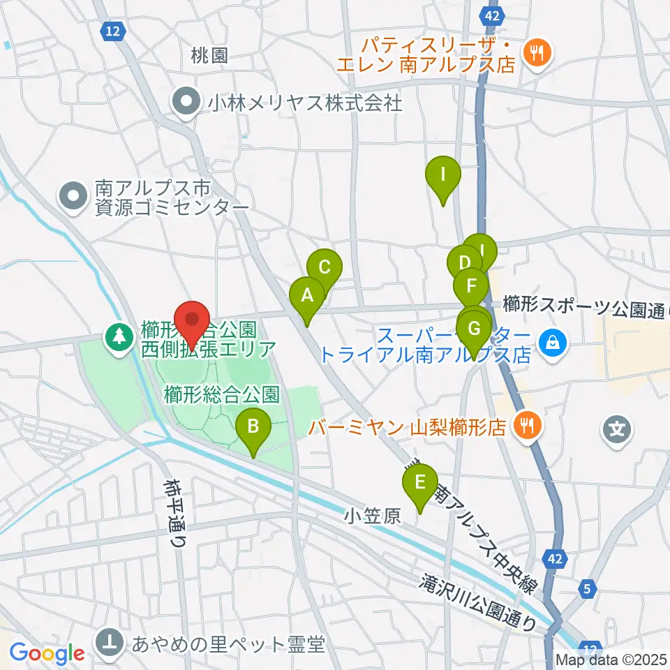 南アルプスジットスタジアム周辺のファミレス・ファーストフード一覧地図