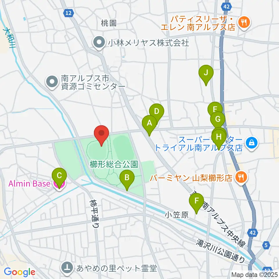 南アルプスジットスタジアム周辺のファミレス・ファーストフード一覧地図