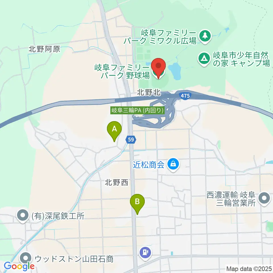 岐阜ファミリーパーク野球場周辺のファミレス・ファーストフード一覧地図