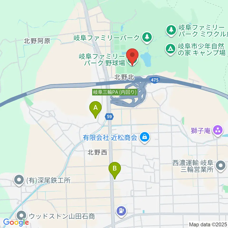 岐阜ファミリーパーク野球場周辺のファミレス・ファーストフード一覧地図