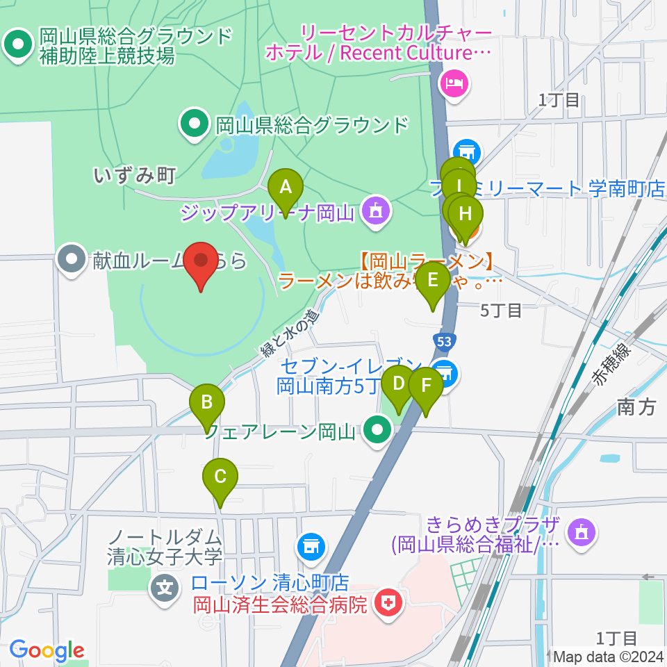 岡山県野球場周辺のファミレス・ファーストフード一覧地図