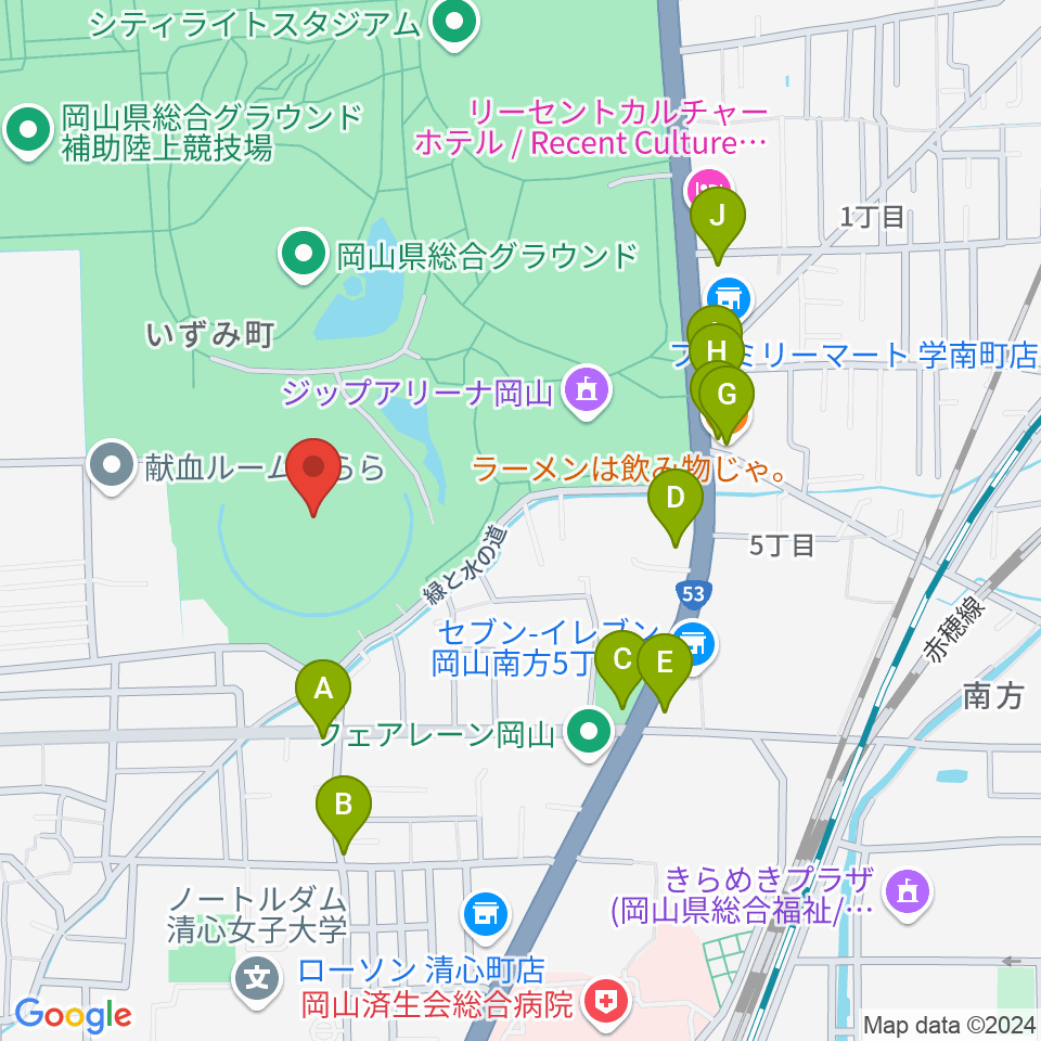 岡山県野球場周辺のファミレス・ファーストフード一覧地図