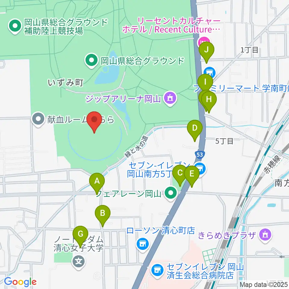 岡山県野球場周辺のファミレス・ファーストフード一覧地図
