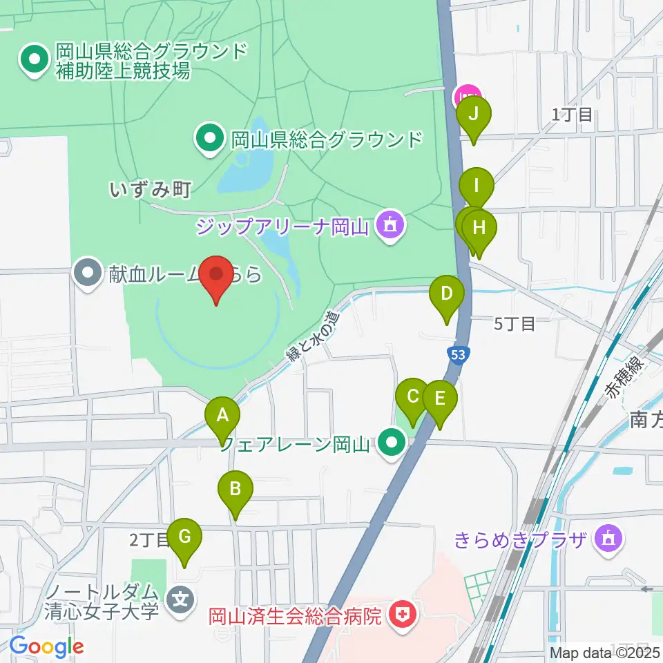 岡山県野球場周辺のファミレス・ファーストフード一覧地図