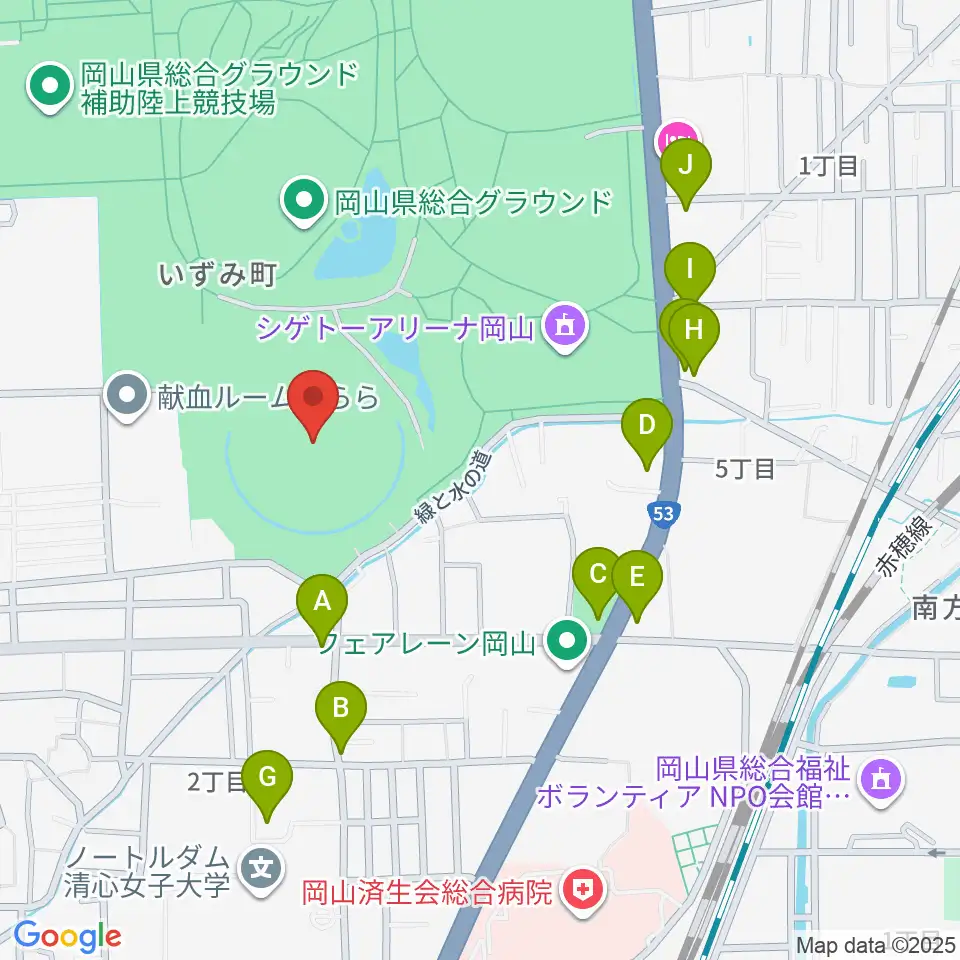 岡山県野球場周辺のファミレス・ファーストフード一覧地図