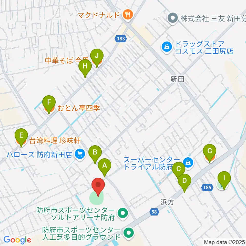 防府市スポーツセンター野球場周辺のファミレス・ファーストフード一覧地図