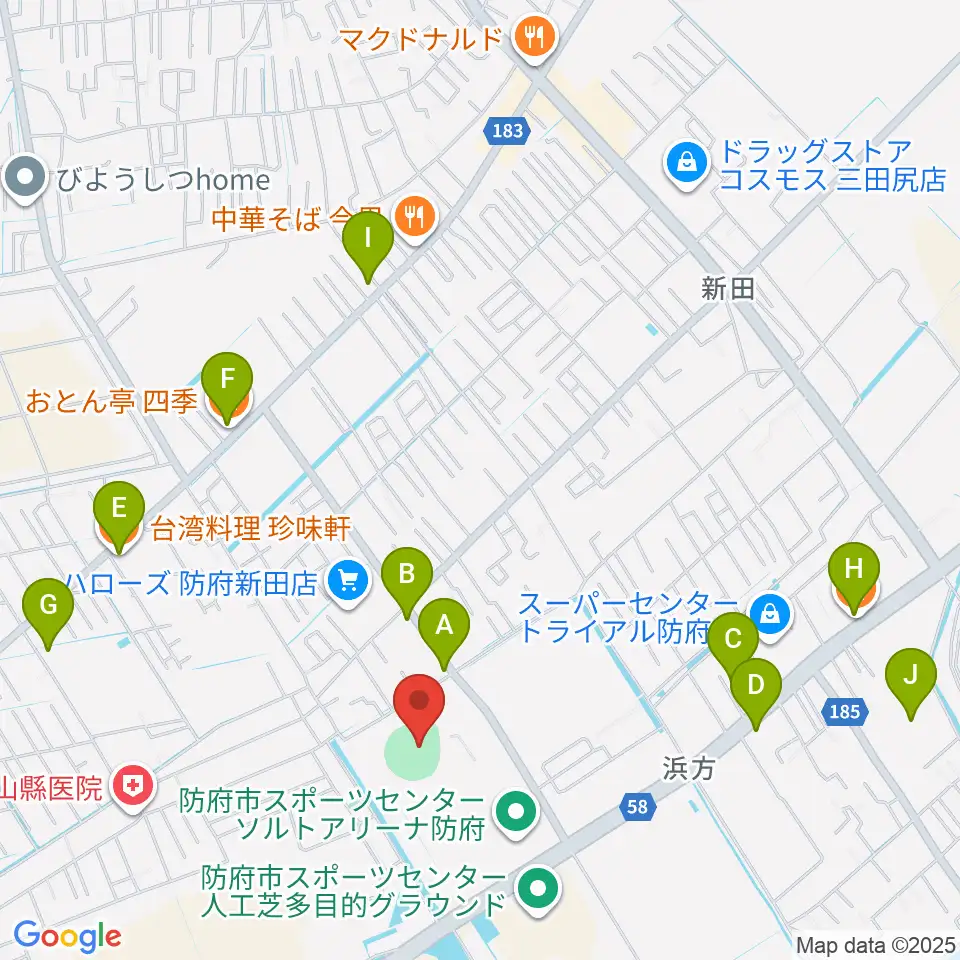 防府市スポーツセンター野球場周辺のファミレス・ファーストフード一覧地図