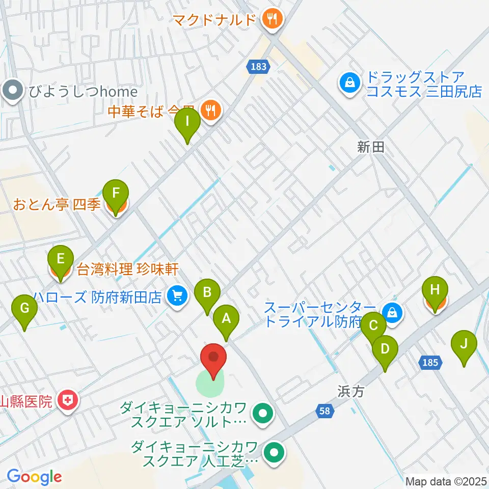 防府市スポーツセンター野球場周辺のファミレス・ファーストフード一覧地図