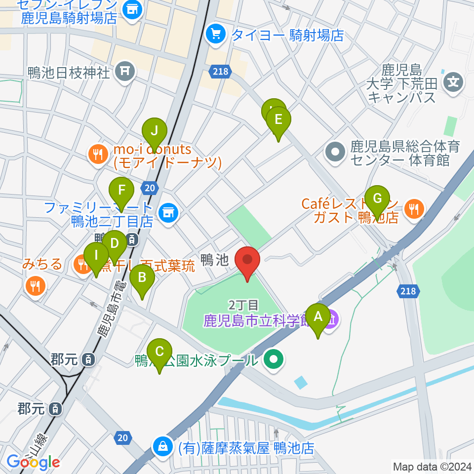 鴨池市民球場周辺のファミレス・ファーストフード一覧地図