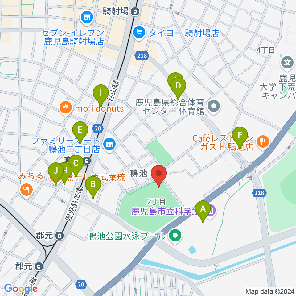 鴨池市民球場周辺のファミレス・ファーストフード一覧地図