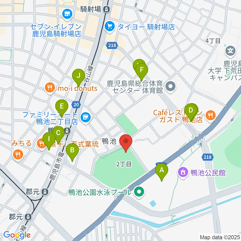 鴨池市民球場周辺のファミレス・ファーストフード一覧地図