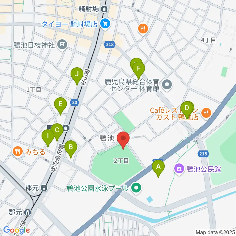 鴨池市民球場周辺のファミレス・ファーストフード一覧地図