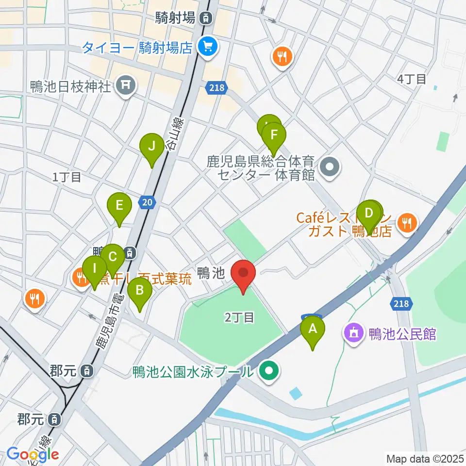 鴨池市民球場周辺のファミレス・ファーストフード一覧地図