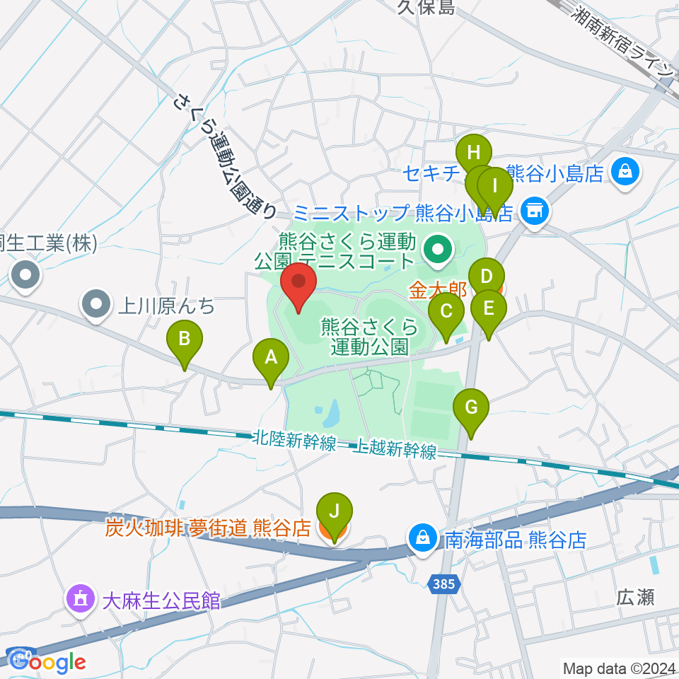 おふろcafe'ハレニワスタジアム熊谷周辺のファミレス・ファーストフード一覧地図