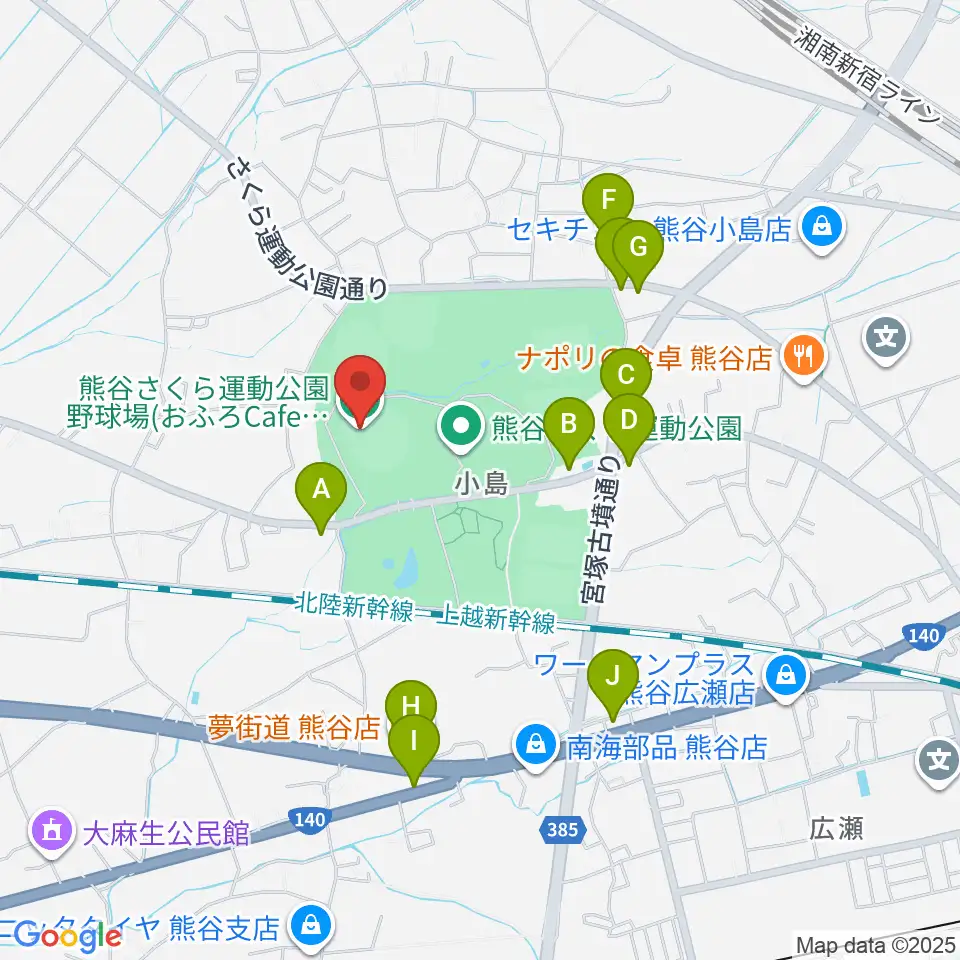 おふろcafe'ハレニワスタジアム熊谷周辺のファミレス・ファーストフード一覧地図