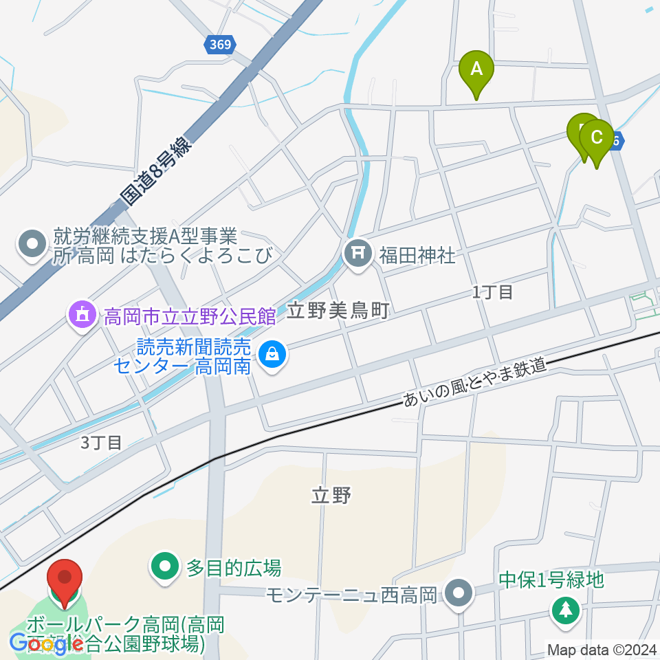 ボールパーク高岡周辺のファミレス・ファーストフード一覧地図