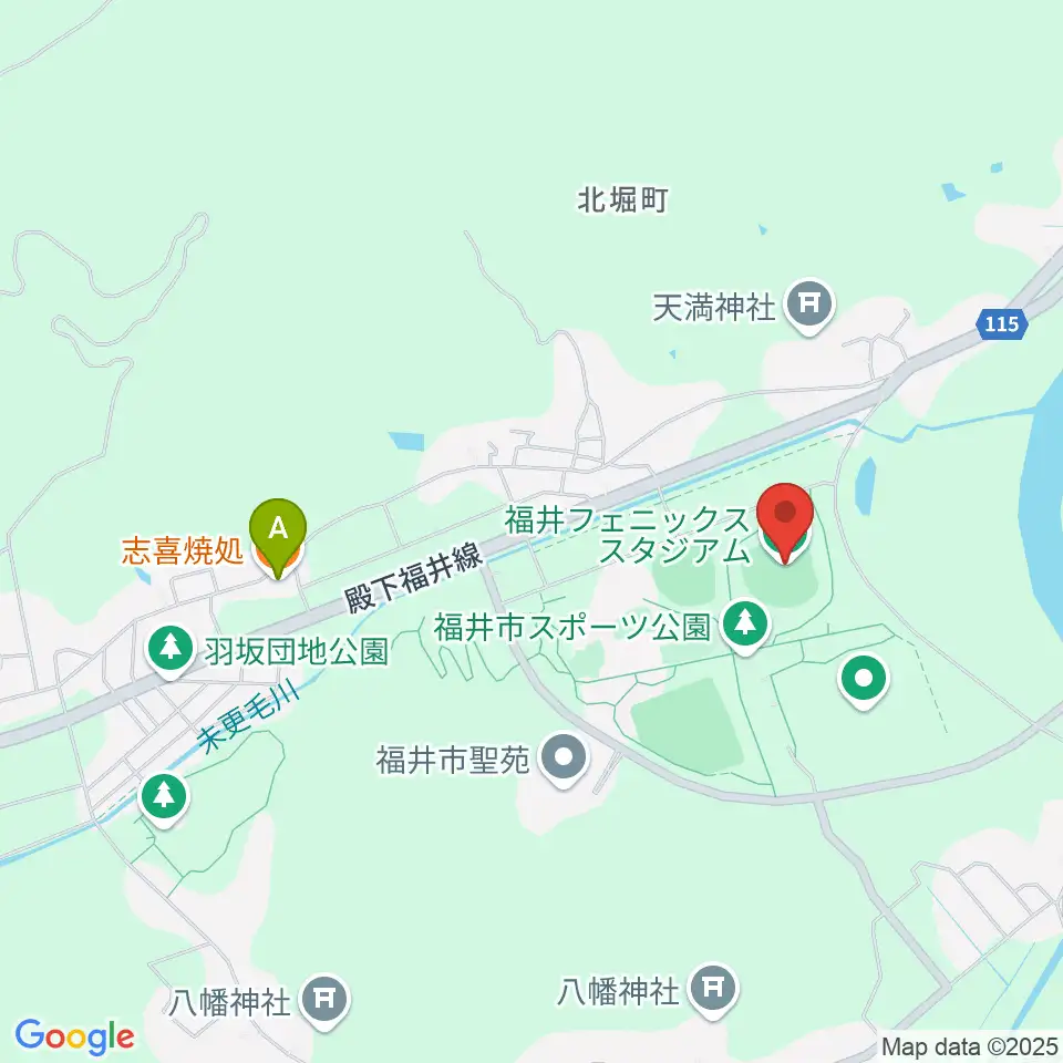 福井フェニックススタジアム周辺のファミレス・ファーストフード一覧地図