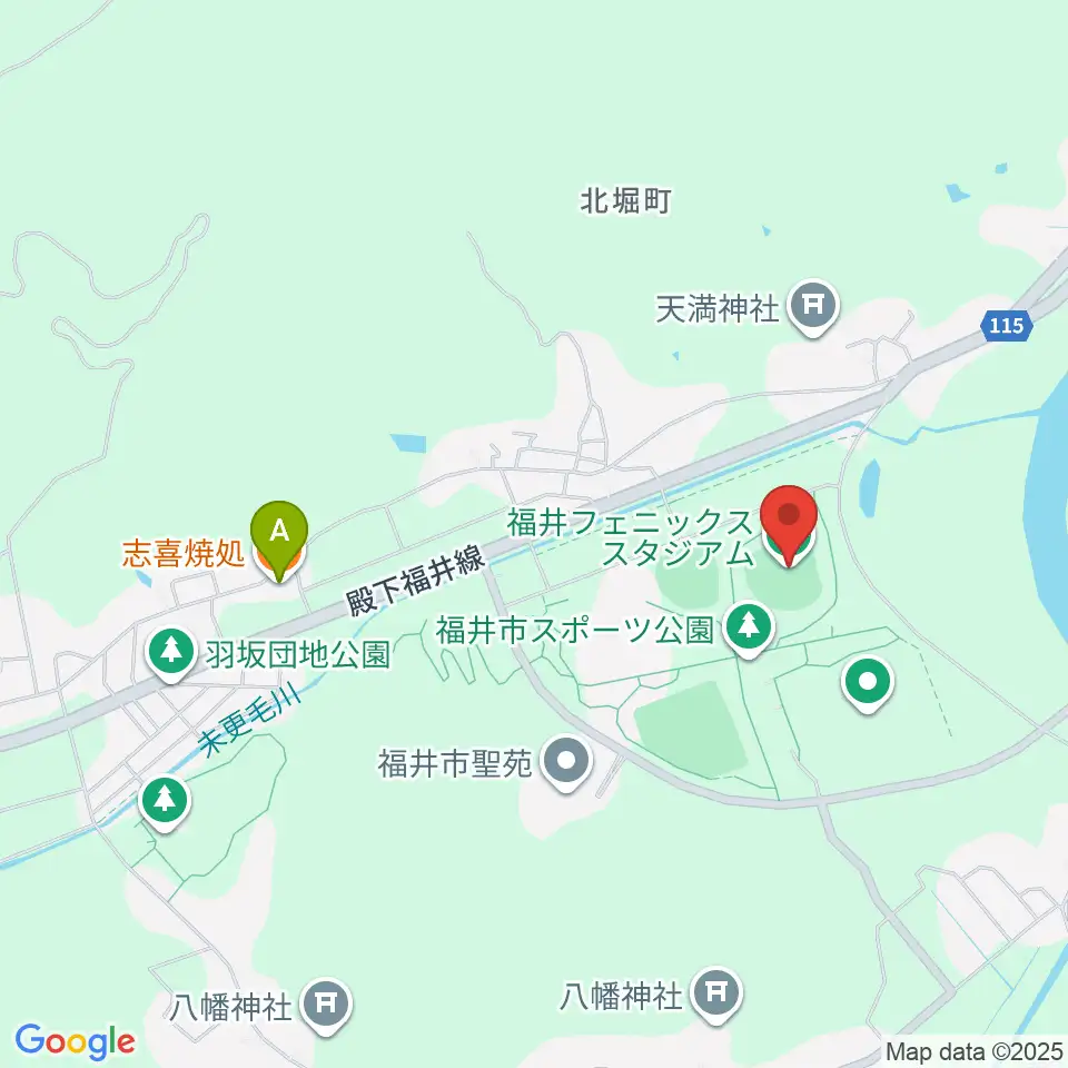 福井フェニックススタジアム周辺のファミレス・ファーストフード一覧地図