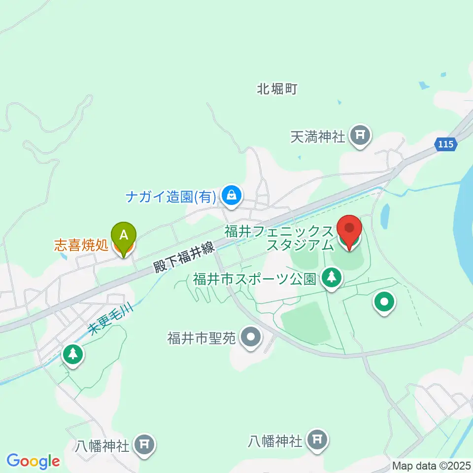 福井フェニックススタジアム周辺のファミレス・ファーストフード一覧地図