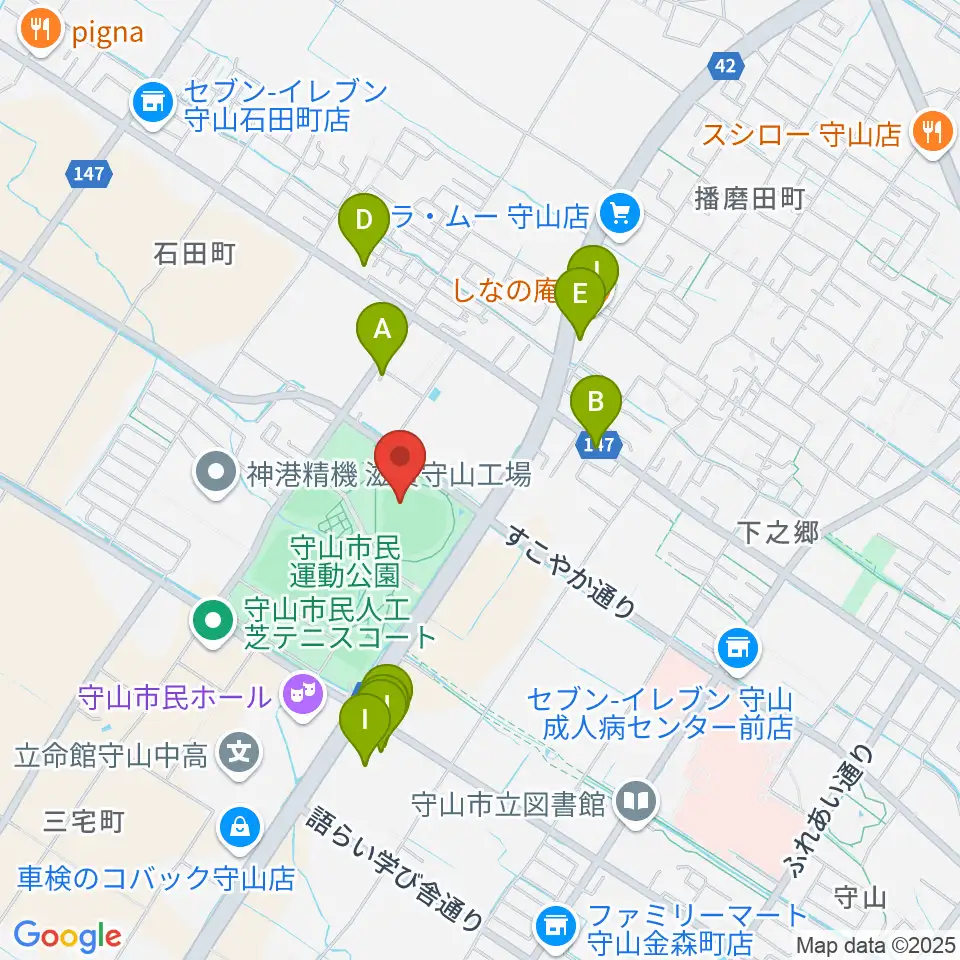 守山市民球場周辺のファミレス・ファーストフード一覧地図