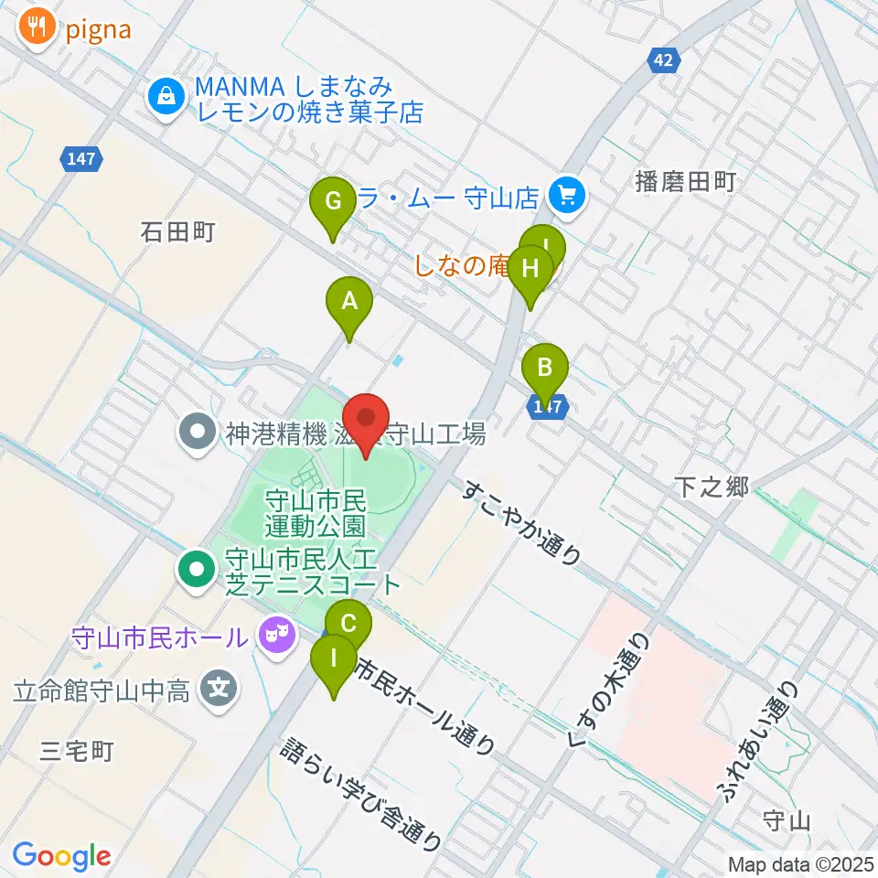 守山市民球場周辺のファミレス・ファーストフード一覧地図