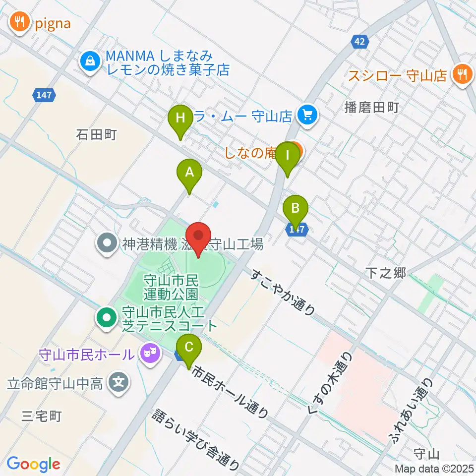 守山市民球場周辺のファミレス・ファーストフード一覧地図