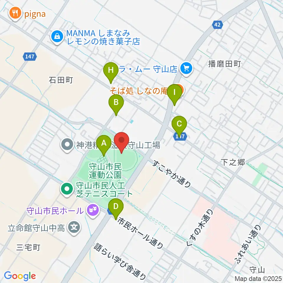 守山市民球場周辺のファミレス・ファーストフード一覧地図