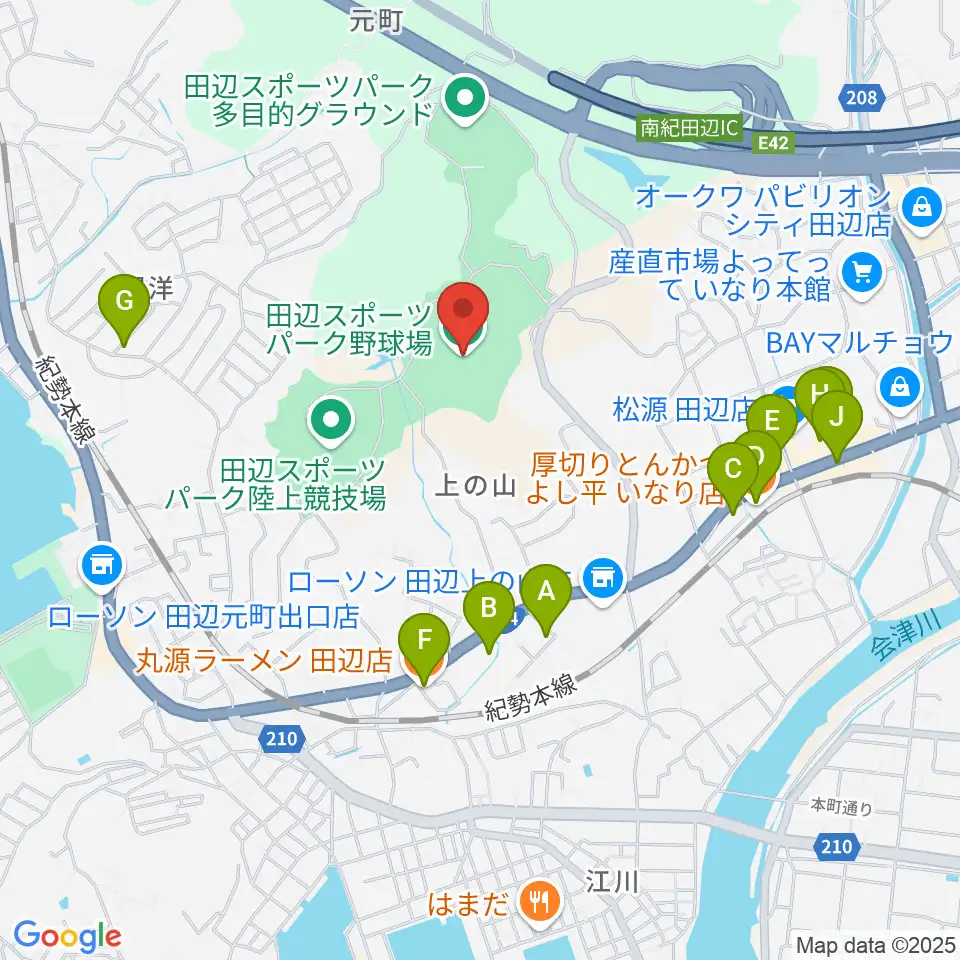 田辺スポーツパーク野球場周辺のファミレス・ファーストフード一覧地図