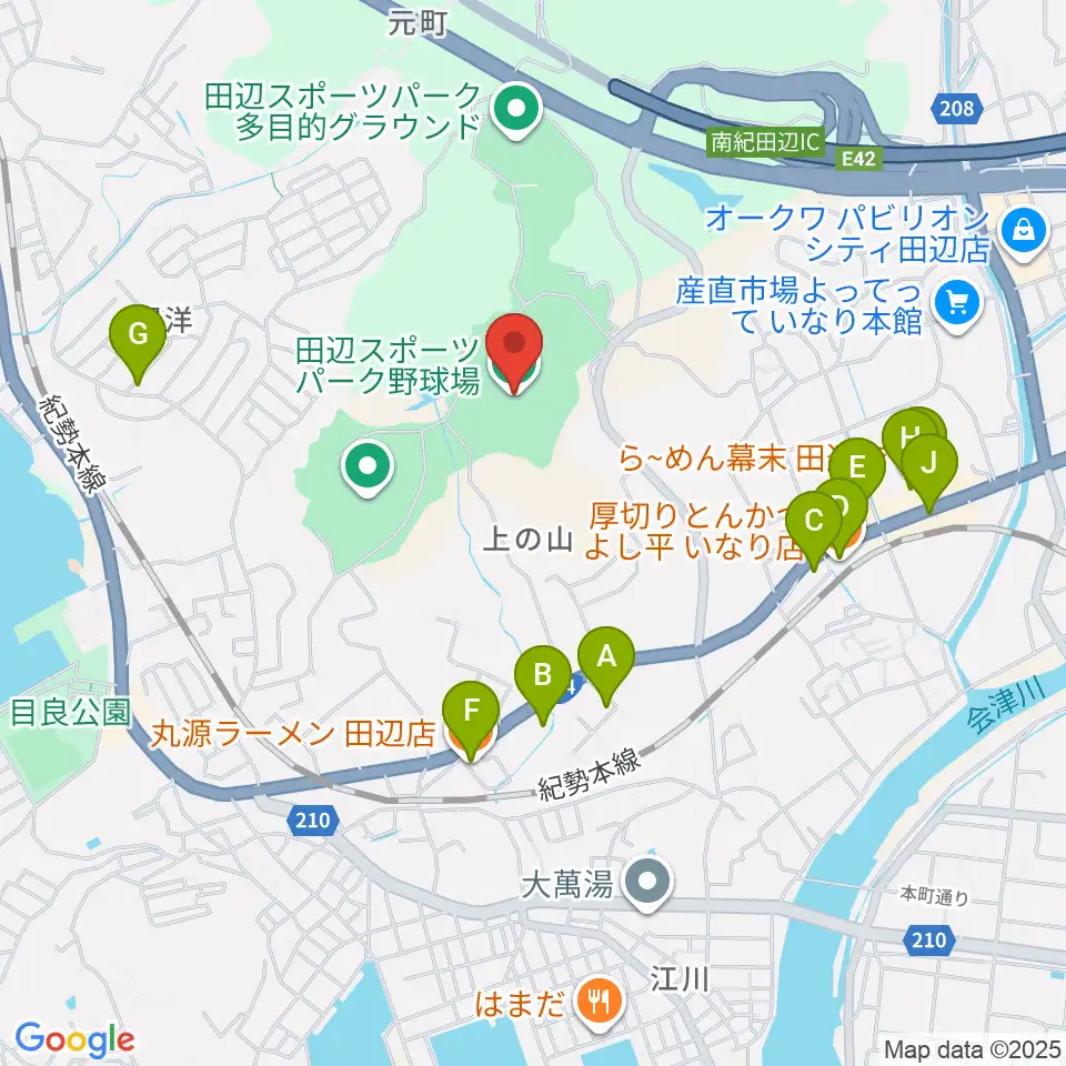 田辺スポーツパーク野球場周辺のファミレス・ファーストフード一覧地図