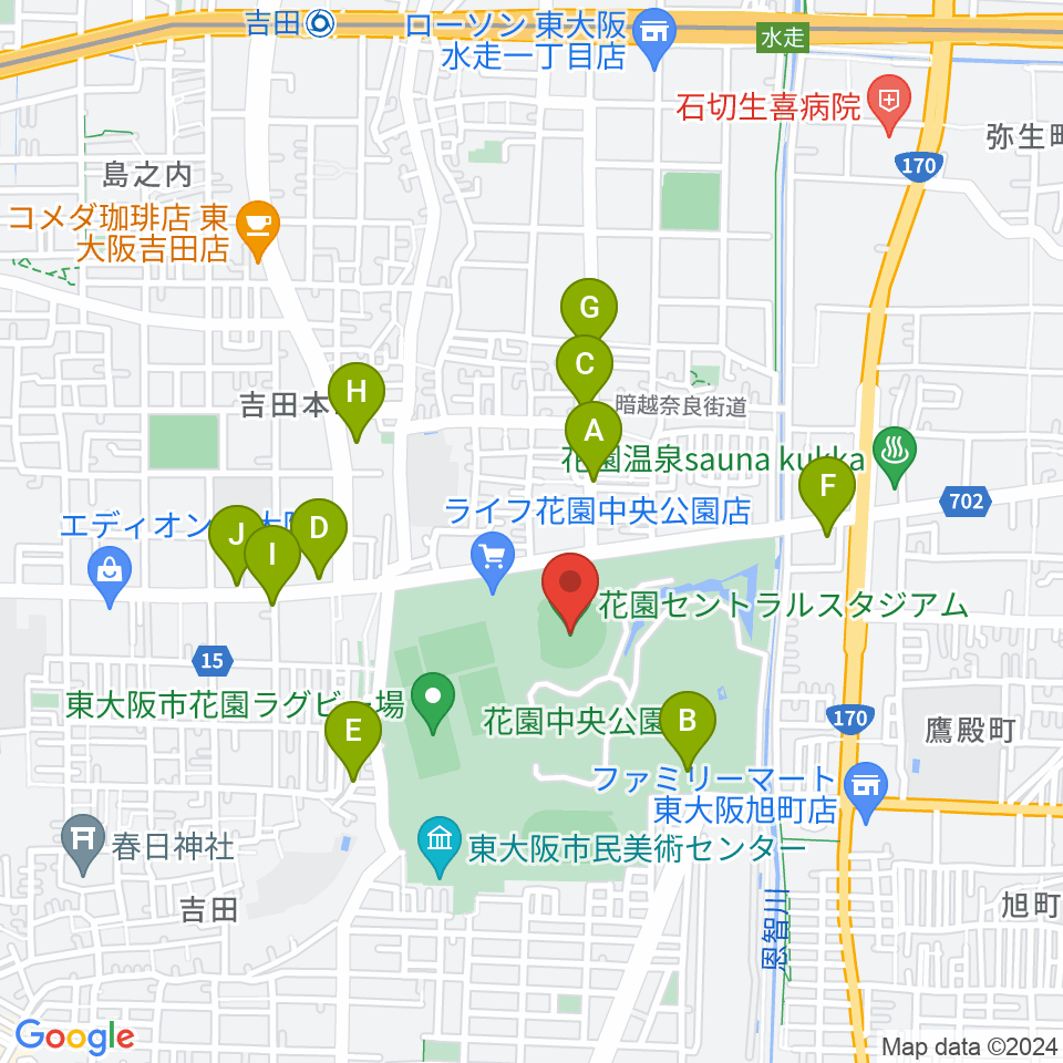 花園セントラルスタジアム周辺のファミレス・ファーストフード一覧地図