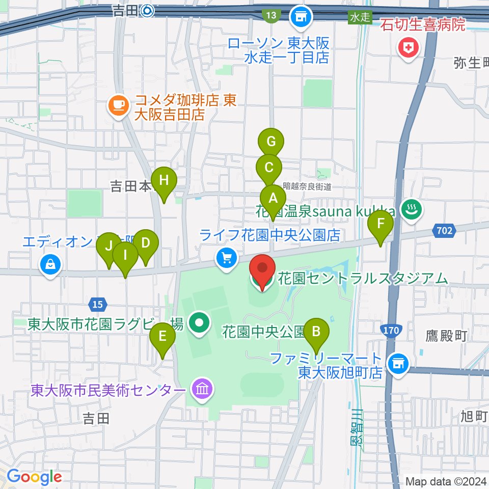 花園セントラルスタジアム周辺のファミレス・ファーストフード一覧地図